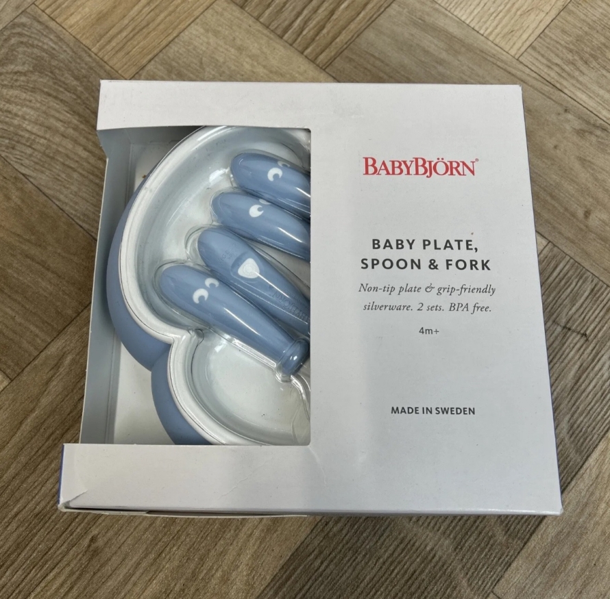 NEW Baby Bjorn Babyjbjörn Plate, Spoon & Fork Set X2 Powder Blue