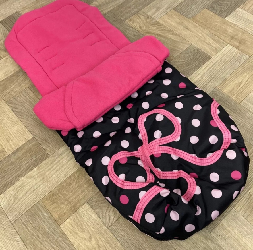 NEW Cosatto Universal Stroller Pushchair Footmuff - Black With Pink Spots And Bow 🩷