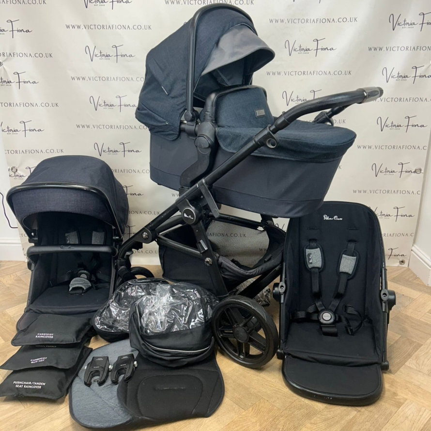 PRELOVED Silver Cross Coast Pushchair & Carrycot DOUBLE TANDEM BUNDLE - Flint