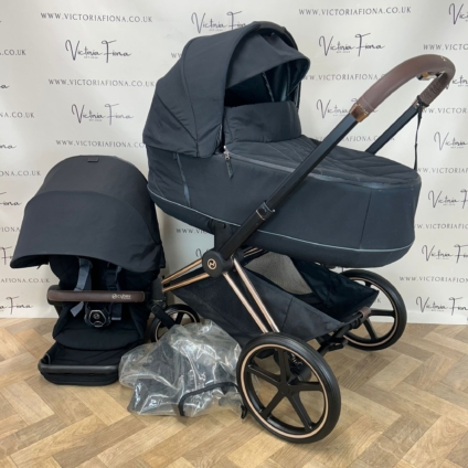 PRELOVED Cybex Priam Carrycot & Pushchair - Black & Rose Gold