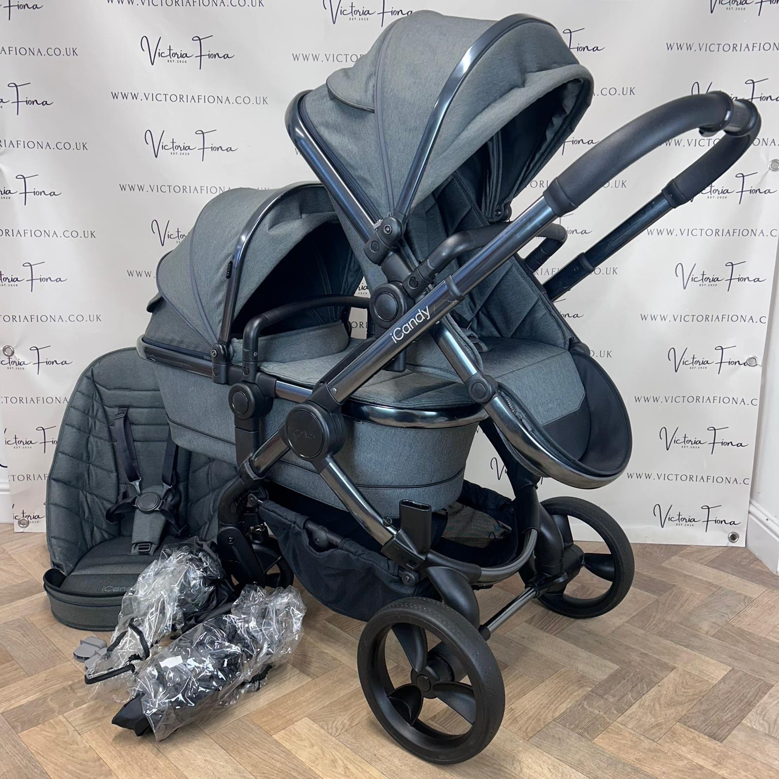PRELOVED iCandy Peach 6 Pushchair & Carrycot DOUBLE - Dark Grey Twill