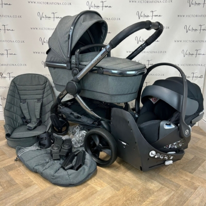 PRELOVED iCandy Peach 6 Pushchair & Carrycot with Cybex Cloud Z Lie Flat Car Seat & Spin Isofix Base - Dark Grey Twill