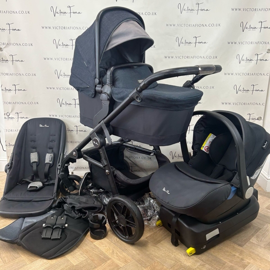PRELOVED Silver Cross Coast Pushchair & Carrycot - FLINT NAVY with Simplicity Car Seat