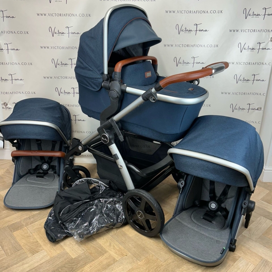 PRELOVED Silver Cross Wave Pushchair & Carrycot TANDEM BUNDLE - Indigo Blue