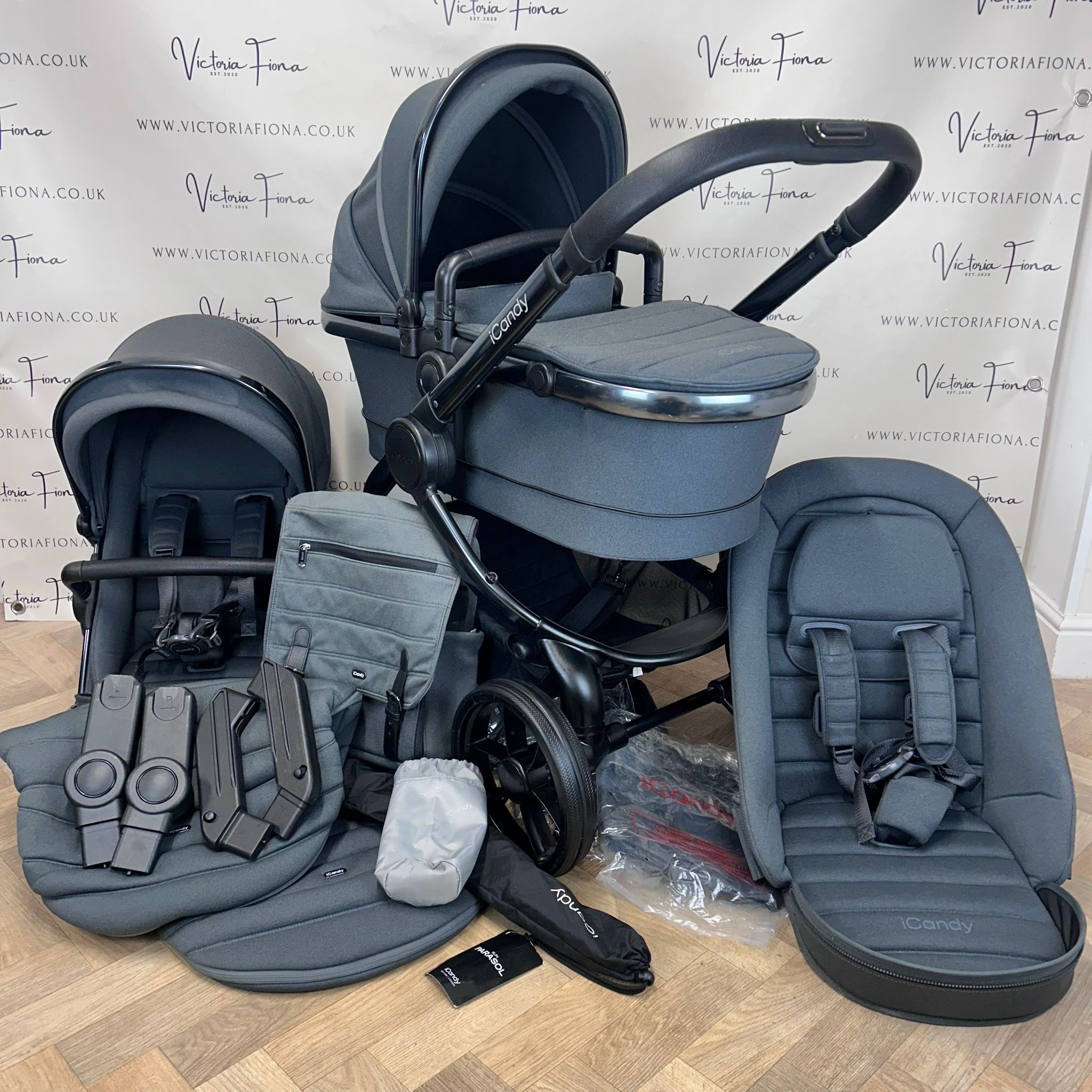 PRELOVED iCandy Peach 7 Tandem Double Pushchair with accessories - Dark Grey