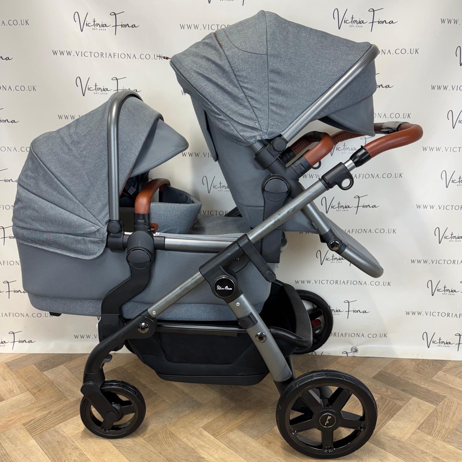 PRELOVED Silver Cross Wave Double Pushchair & Carrycot - Zinc Grey - Image 3