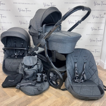 PRELOVED iCandy Orange Carrycot & DOUBLE Pushchair - Dark Grey Marl