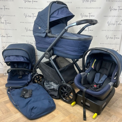 PRELOVED Silver Cross Reef Carrycot, Pushchair & Car Seat - Neptune Blue