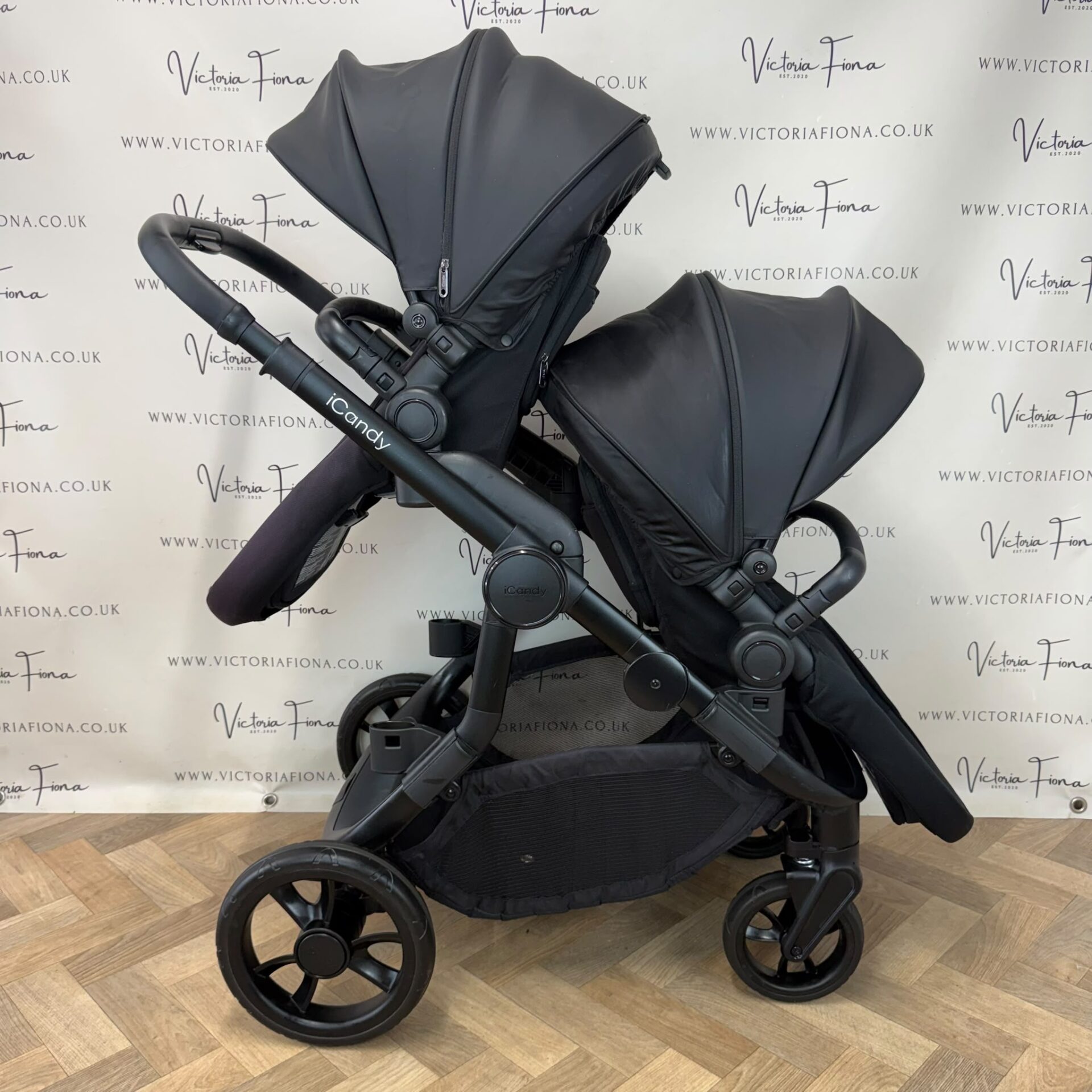 PRELOVED iCandy Orange 4 Carrycot & DOUBLE Pushchair - All Black - Image 5