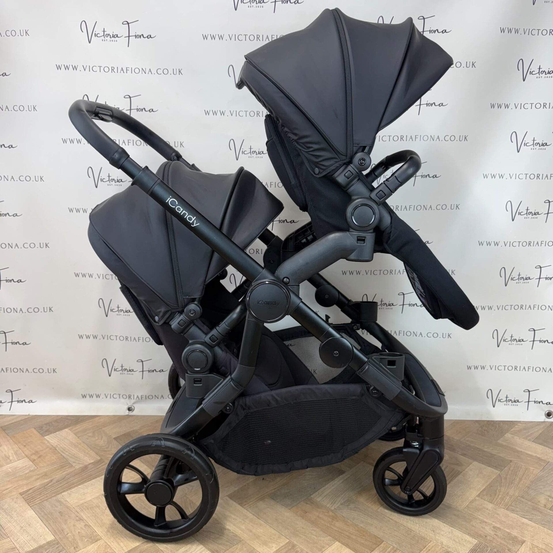 PRELOVED iCandy Orange 4 Carrycot & DOUBLE Pushchair - All Black - Image 3