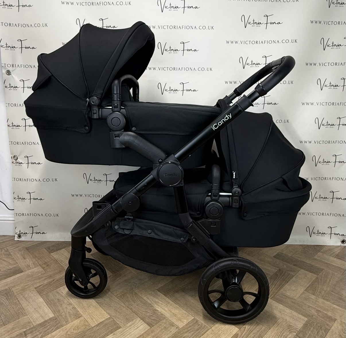 PRELOVED iCandy Orange 3 Carrycot & DOUBLE TWIN Pushchair - All Black - Image 2