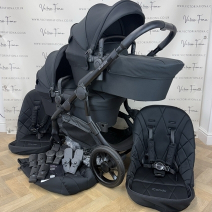 PRELOVED iCandy Orange 3 Carrycot & DOUBLE TWIN Pushchair - All Black