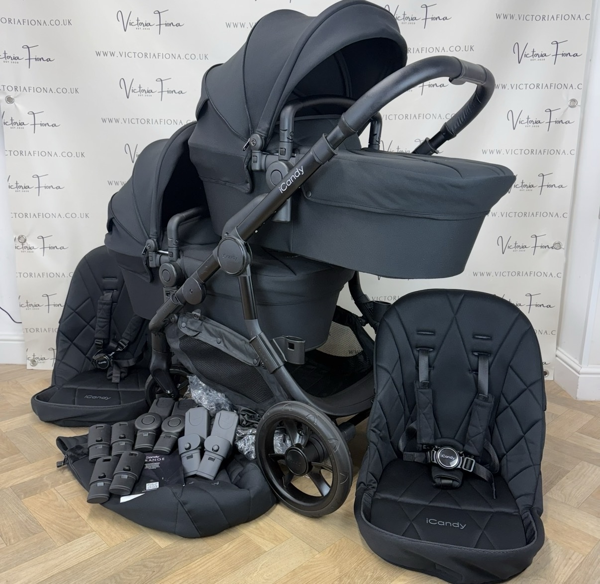 PRELOVED iCandy Orange 3 Carrycot & DOUBLE TWIN Pushchair - All Black