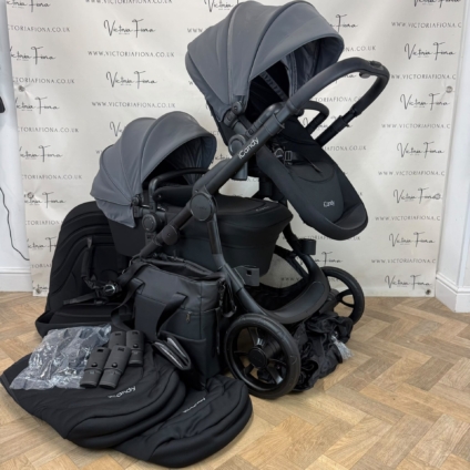 PRELOVED iCandy Orange 4 Carrycot & DOUBLE Pushchair - Fossil Grey & Black