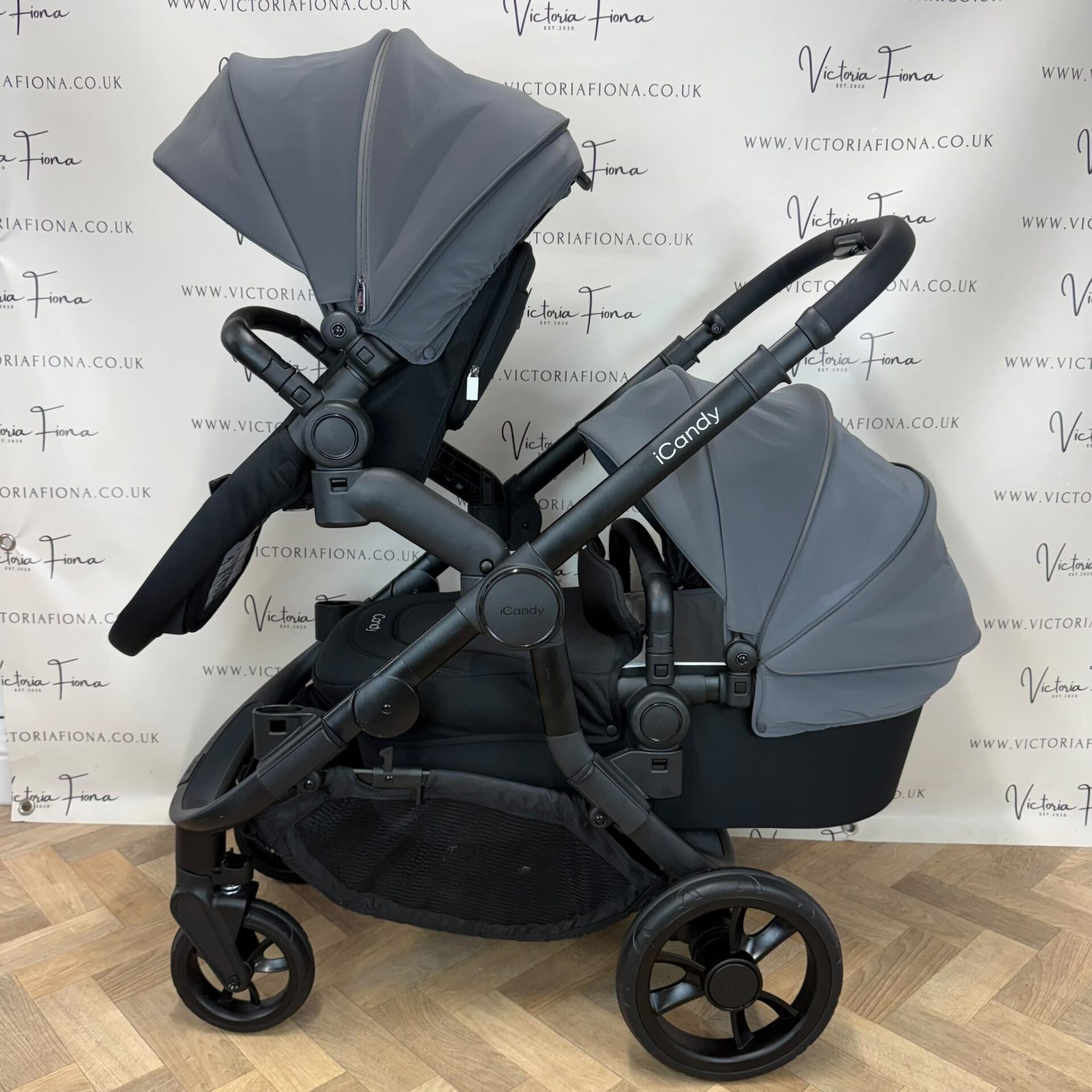 PRELOVED iCandy Orange 4 TWIN Carrycot & Pushchair - Fossil Grey & Black - Image 3