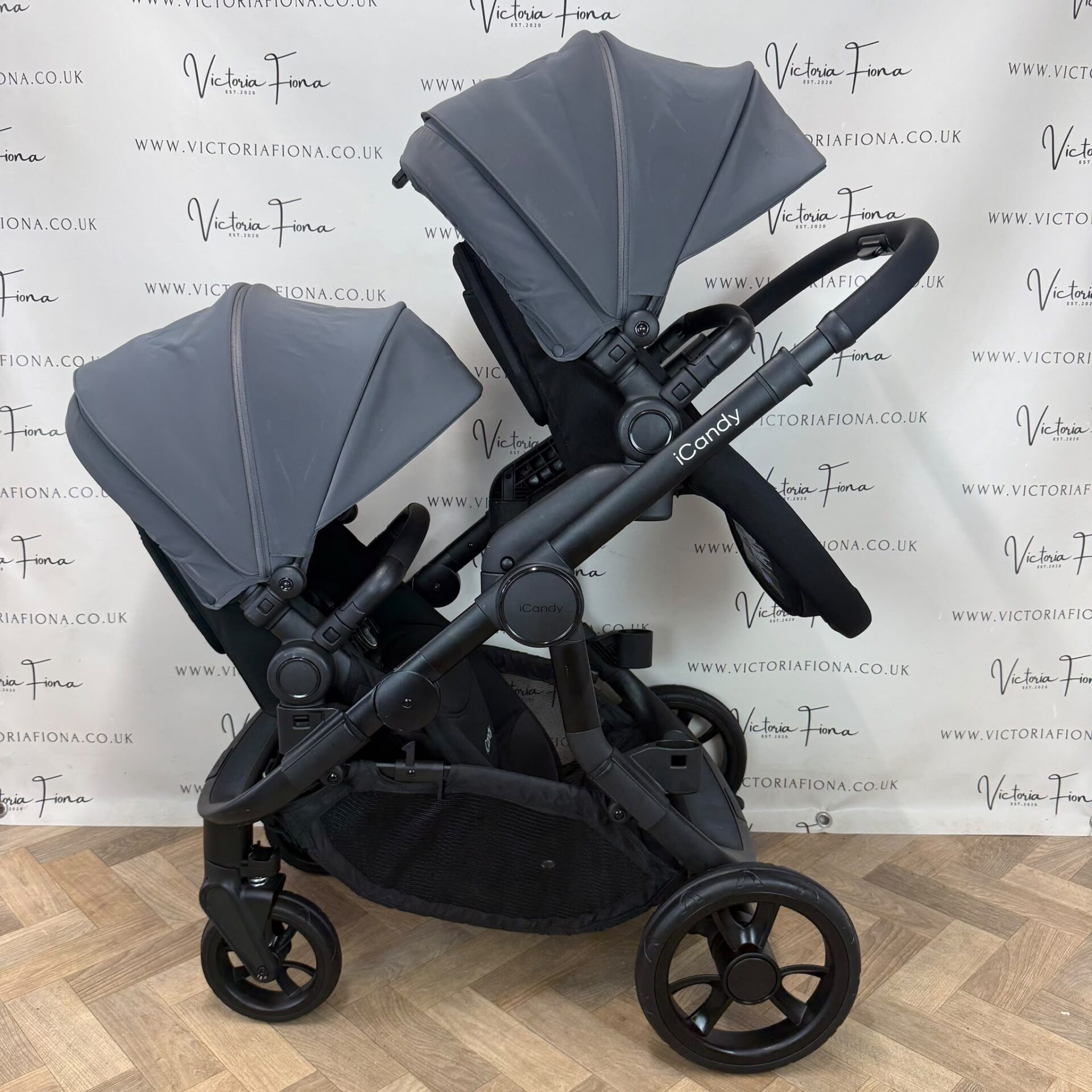 PRELOVED iCandy Orange 4 TWIN Carrycot & Pushchair - Fossil Grey & Black - Image 5