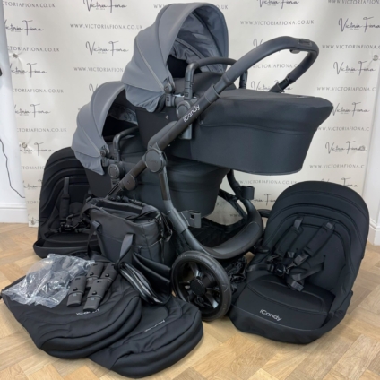 PRELOVED iCandy Orange 4 TWIN Carrycot & Pushchair - Fossil Grey & Black