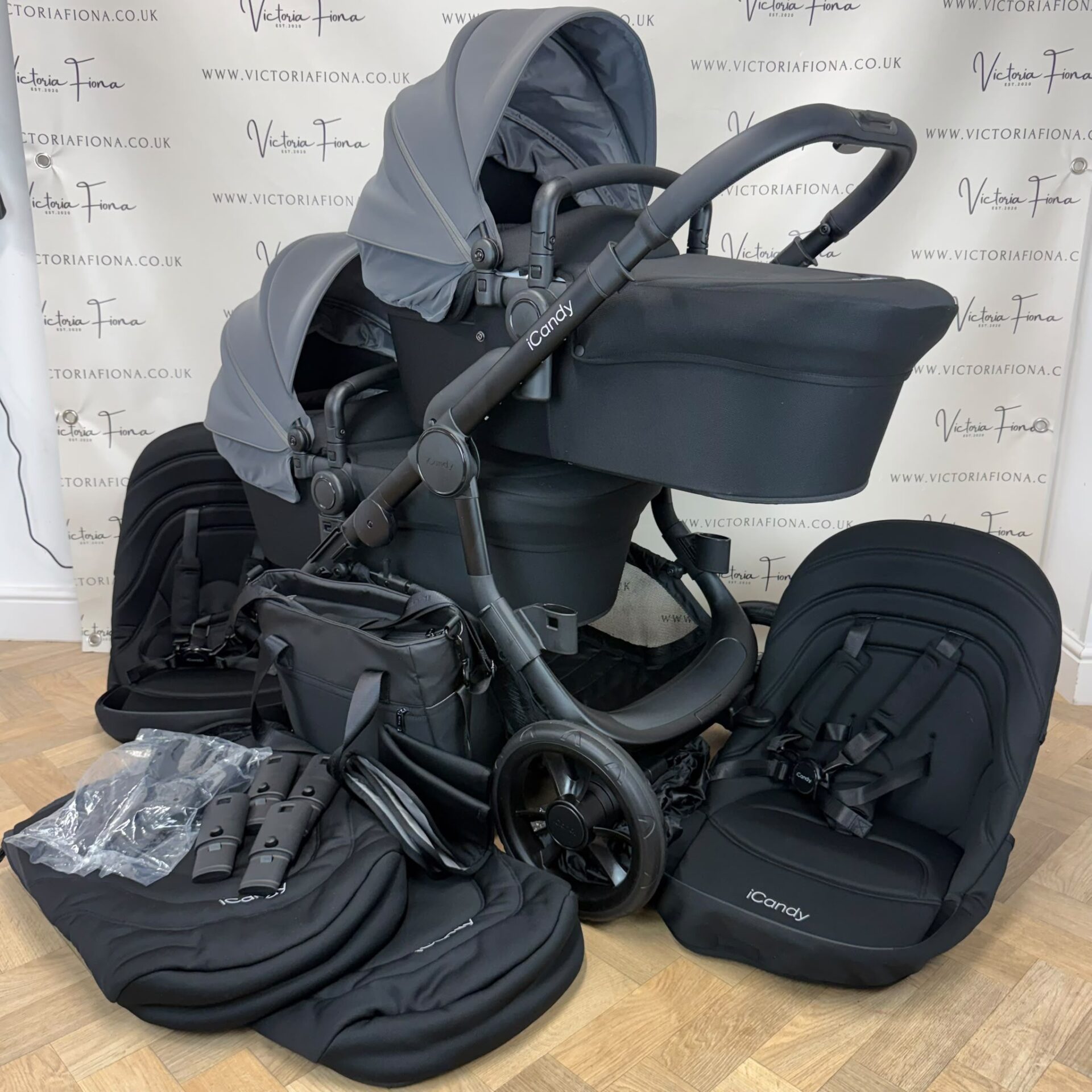 PRELOVED iCandy Orange 4 TWIN Carrycot & Pushchair - Fossil Grey & Black