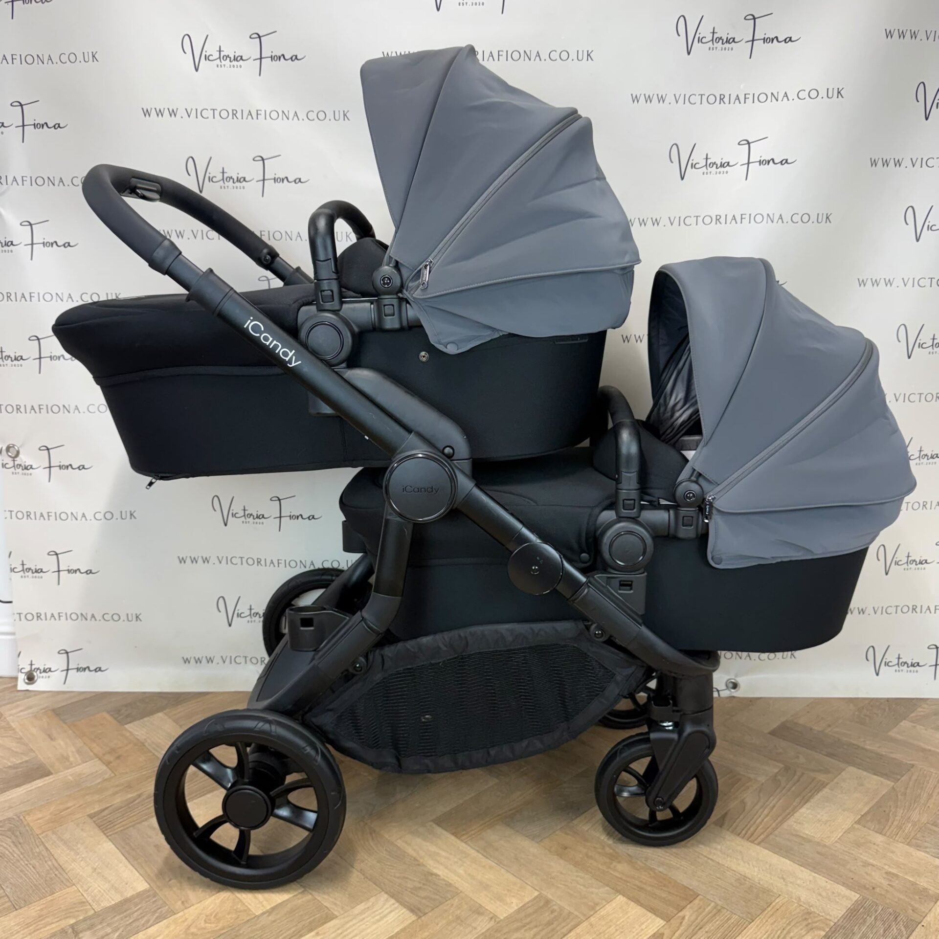PRELOVED iCandy Orange 4 TWIN Carrycot & Pushchair - Fossil Grey & Black - Image 2