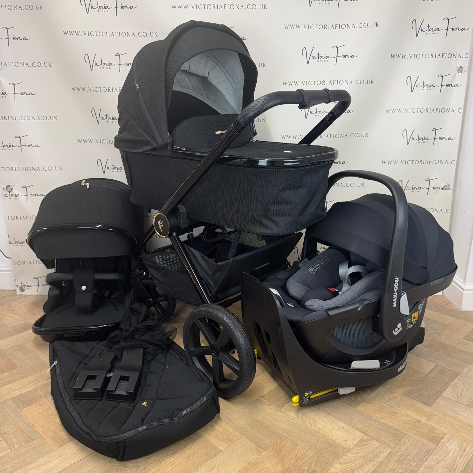 PRELOVED Venicci Tinum Upline Carrycot & Pushchair with Maxi Cosi Pebble 360 & Isofix - All Black
