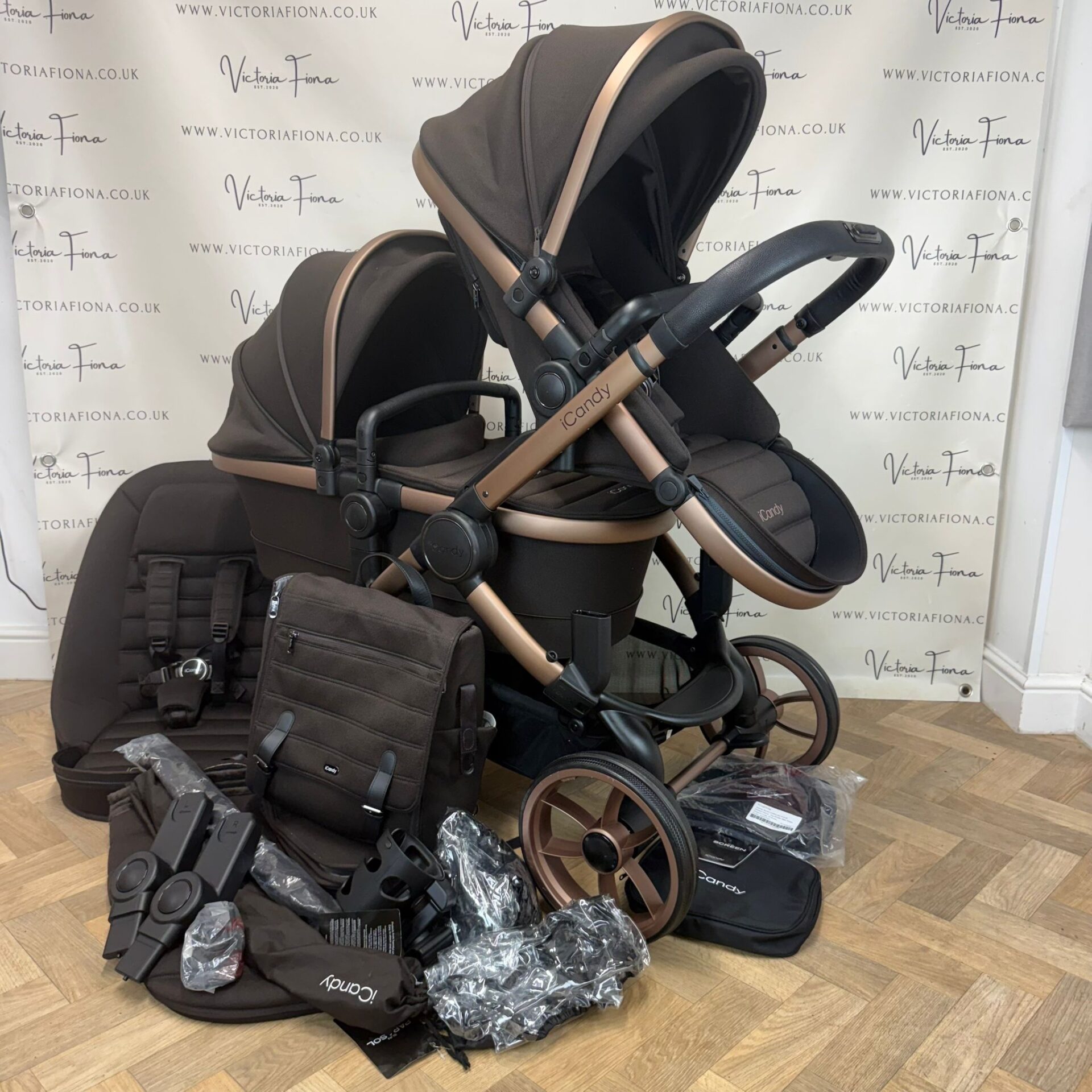 PRELOVED iCandy Peach 7 Tandem Double Pushchair with accessories - Pecan
