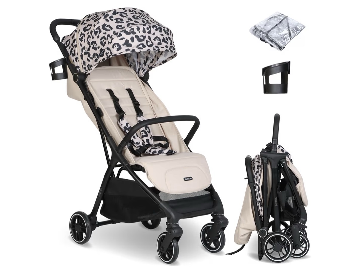 NEW My Babiie MBX6 Auto-Fold Compact CABIN APPROVED Stroller - Fawn Leopard