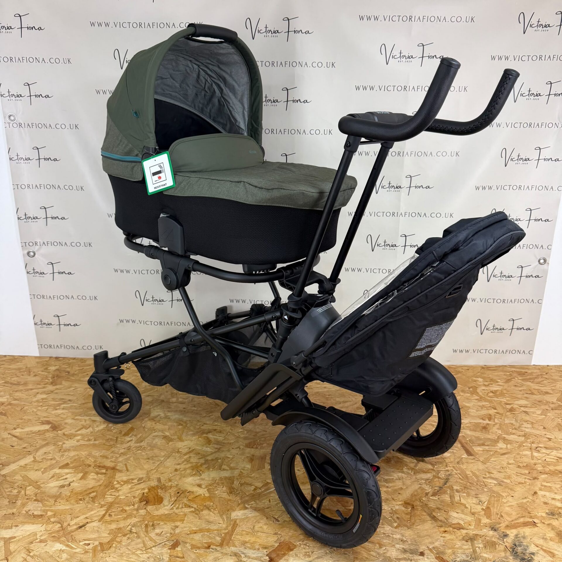 NEW Micralite Twofold Double Pushchair with Carrycot - Evergreen & Black - Image 3