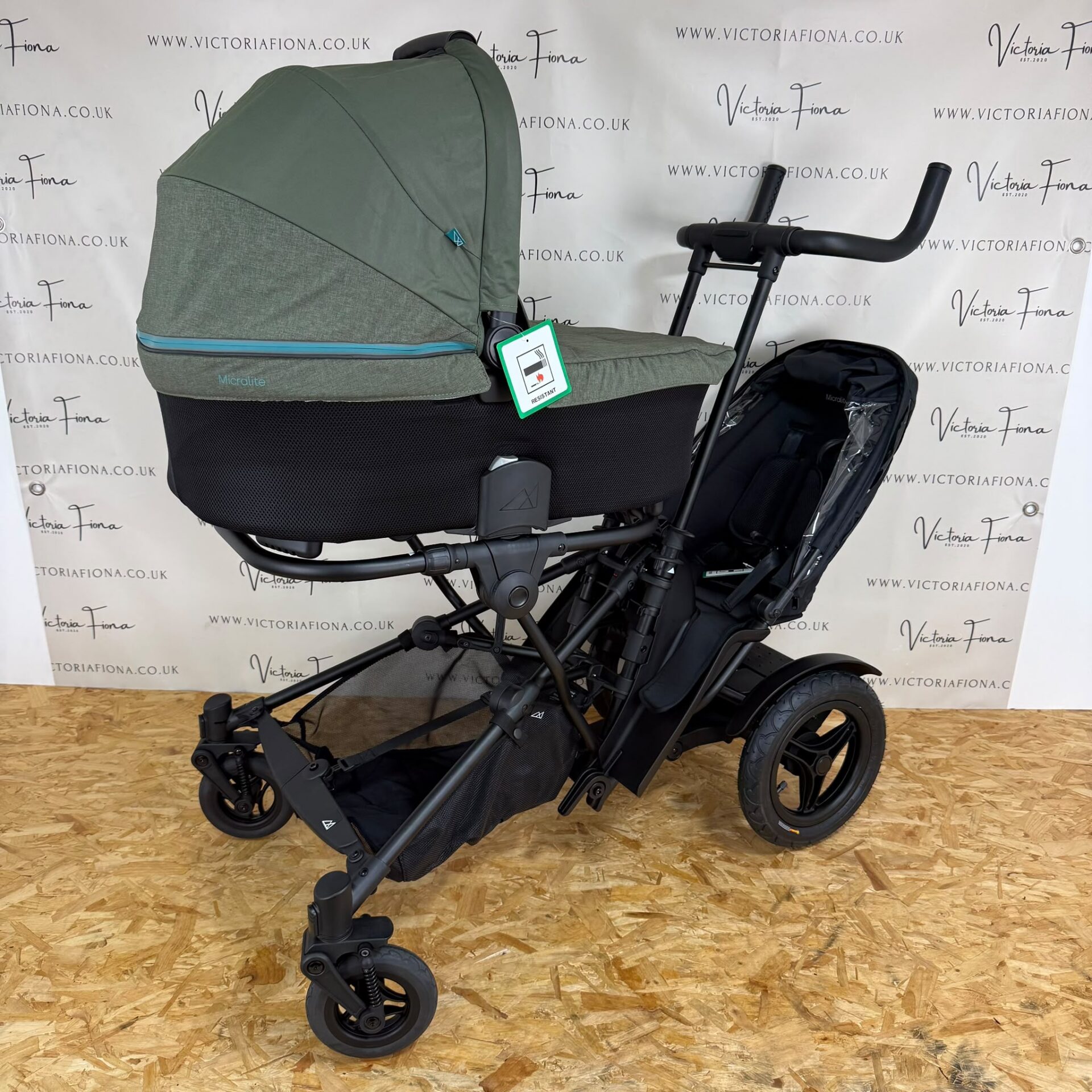 NEW Micralite Twofold Double Pushchair with Carrycot - Evergreen & Black - Image 4