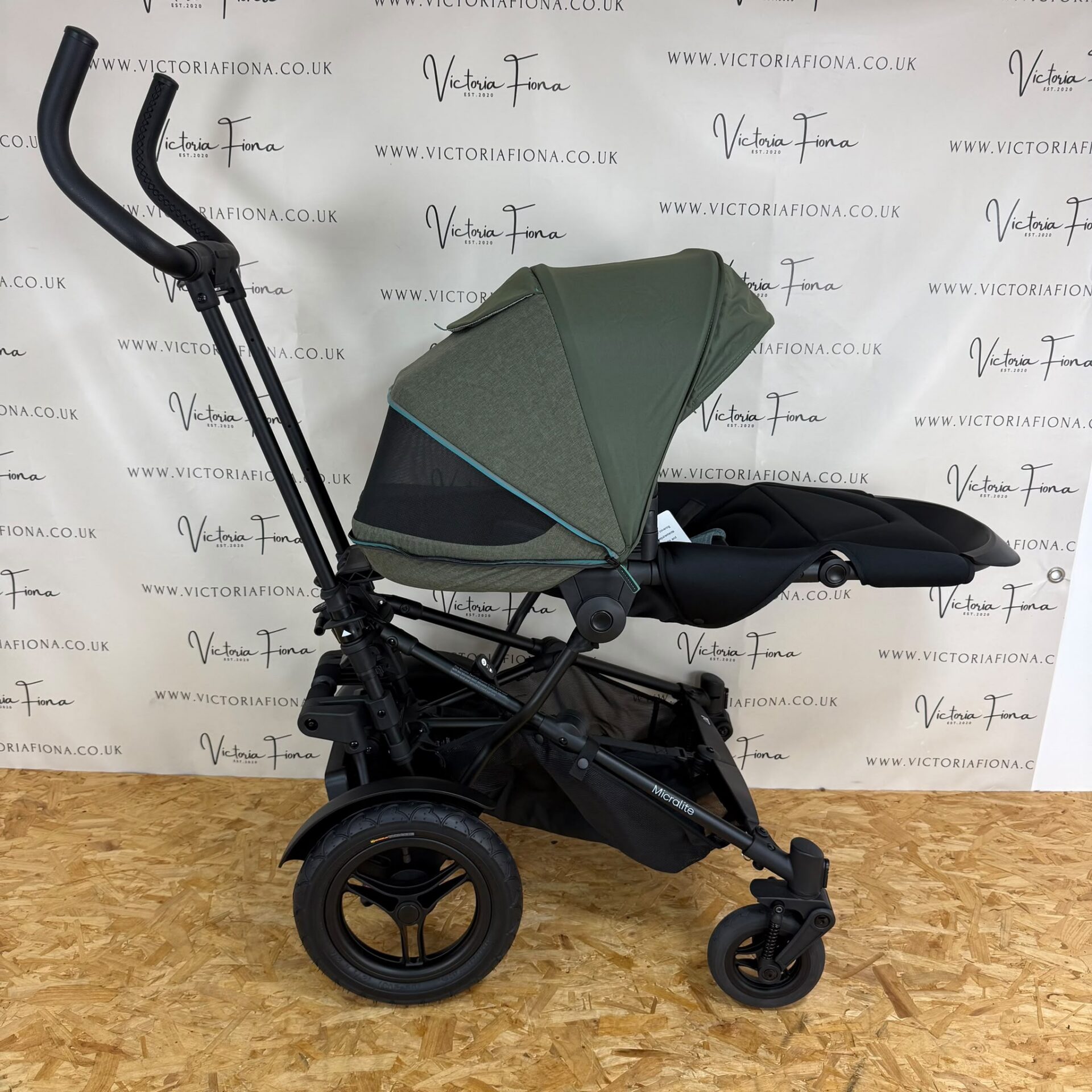 NEW Micralite Twofold Double Pushchair with Carrycot - Evergreen & Black - Image 7