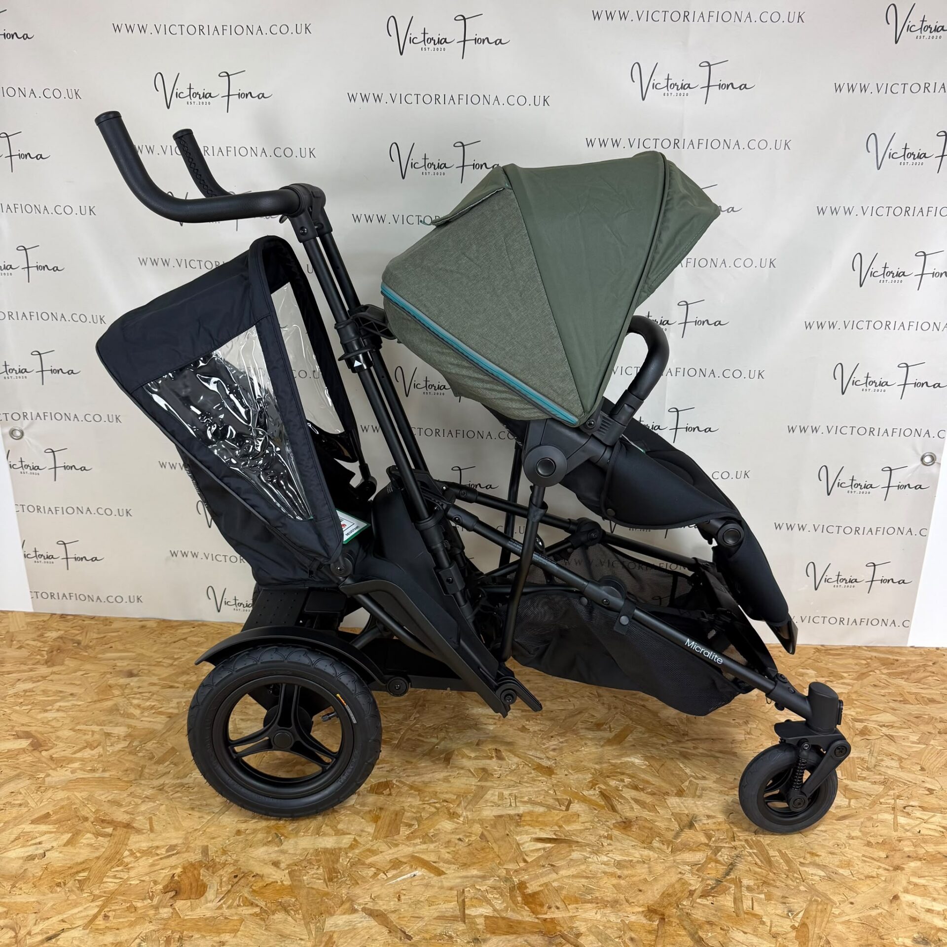 NEW Micralite Twofold Double Pushchair with Carrycot - Evergreen & Black - Image 9